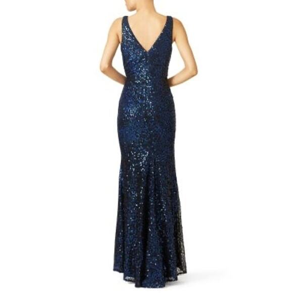 BADGLEY MISCHKA Women's Black Blue Sequins V-Neck Mesh Ombré Astor Gown Size 16 - Picture 2 of 16